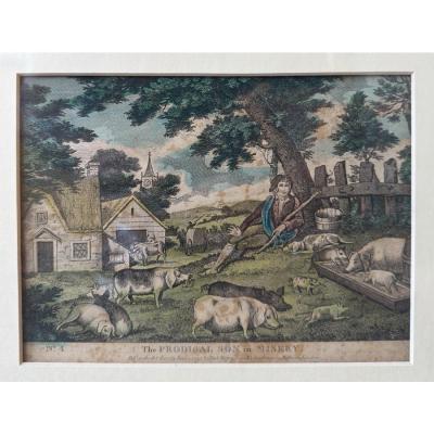 Pair of Antique 18th C Prodigal Son Returns Engraving Prints Framed