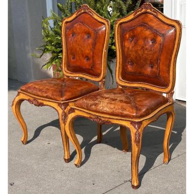 Pair of Antique 18th C Side Chairs With Distressed Leather Seats