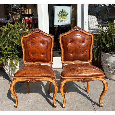 Pair of Antique 18th C Side Chairs With Distressed Leather Seats