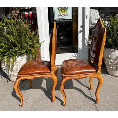 Pair of Antique 18th C Side Chairs With Distressed Leather Seats