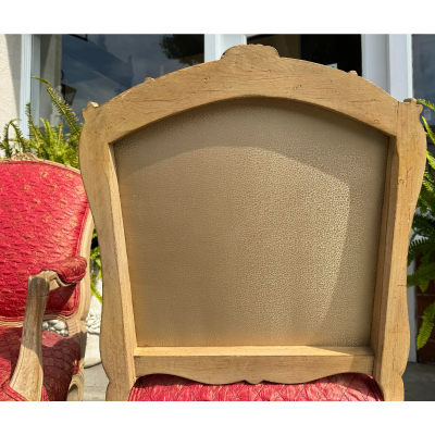 Pair of Antique 19c French Fauteuil Arm Chair W Red Quiltina Fabric
