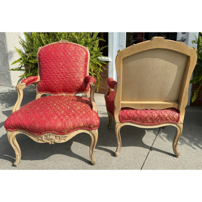 Pair of Antique 19c French Fauteuil Arm Chair W Red Quiltina Fabric