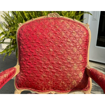 Pair of Antique 19c French Fauteuil Arm Chair W Red Quiltina Fabric