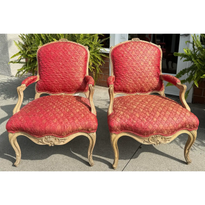 Pair of Antique 19c French Fauteuil Arm Chair W Red Quiltina Fabric