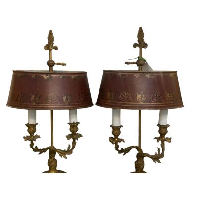 Pair of Antique 19c Louis XV Style Gilt Bronze Bouillotte Lamps