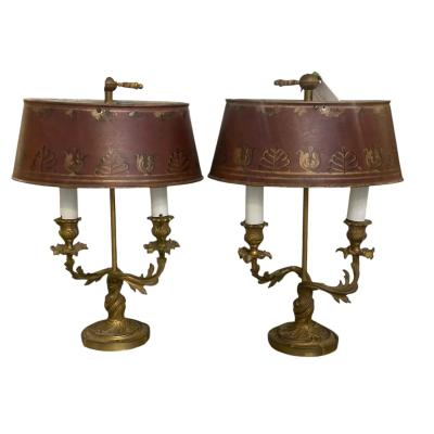 Pair of Antique 19c Louis XV Style Gilt Bronze Bouillotte Lamps
