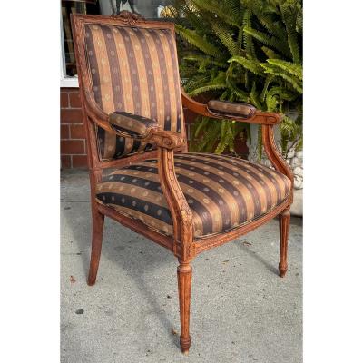 Pair of Antique 19c Louis XVI Carved Walnut Arm Chairs