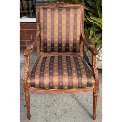 Pair of Antique 19c Louis XVI Carved Walnut Arm Chairs