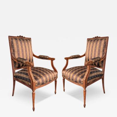 Pair of Antique 19c Louis XVI Carved Walnut Arm Chairs