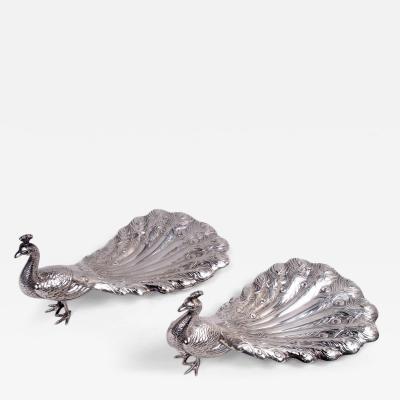 Pair of Antique American Edwardian Sterling Silver Peacocks