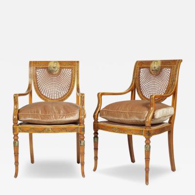 Pair of Antique Angelica Kauffman Style Regency Arm Chairs