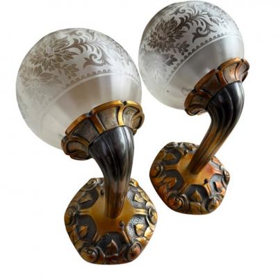 Pair of Antique Art Deco Silver on Bronze Wall Light Sconces