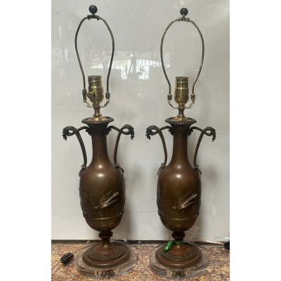 Pair of Antique Art Nouveau Bronze Lamps on Lucite Bases