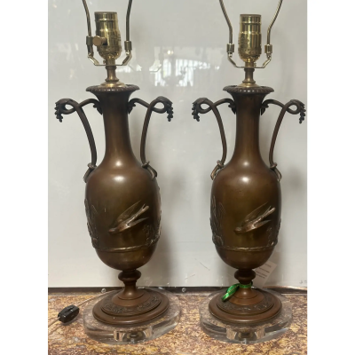 Pair of Antique Art Nouveau Bronze Lamps on Lucite Bases