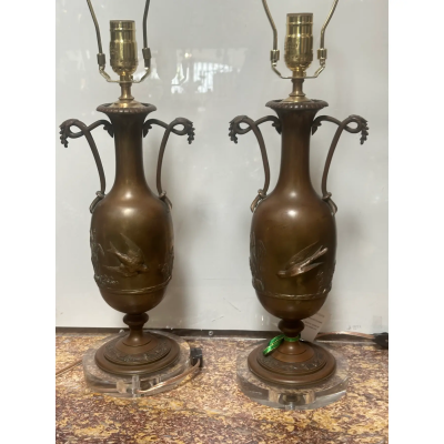 Pair of Antique Art Nouveau Bronze Lamps on Lucite Bases