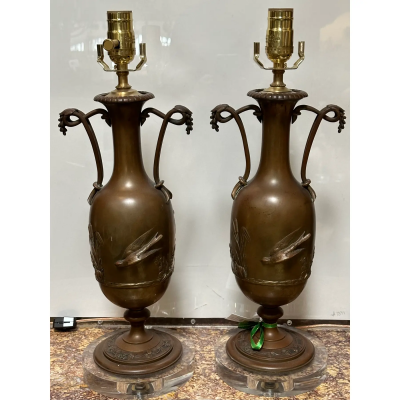 Pair of Antique Art Nouveau Bronze Lamps on Lucite Bases