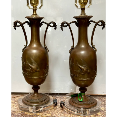 Pair of Antique Art Nouveau Bronze Lamps on Lucite Bases