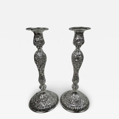 Pair of Antique Baltimore Repousse Sterling Silver Candlesticks