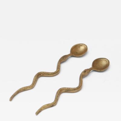 Pair of Antique Brass Snake Form Serpentine Demitasse Spoons