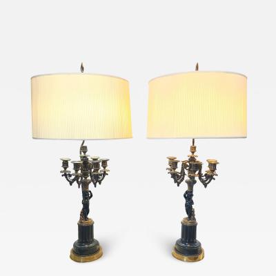Pair of Antique Bronze Cherub Candelabras on Marble Vases with Custom Shades