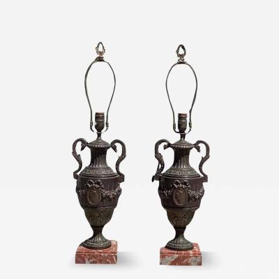 Pair of Antique Brunch Bronze Urn Form Lamps