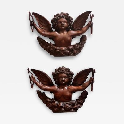 Pair of Antique Carved Mahogany Treen Angel Sculptures