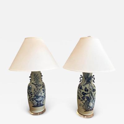 Pair of Antique Chinese Celadon Blue White Pottery Vases Now Designer Lamps