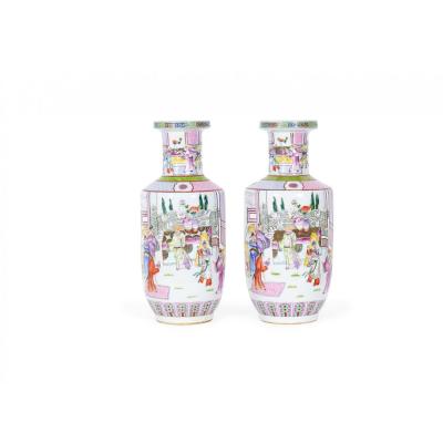 Pair of Antique Chinese Court Genre Scene Design Porcelain Rouleau Form Vases