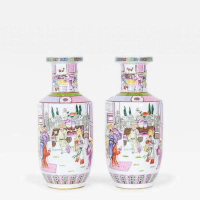 Pair of Antique Chinese Court Genre Scene Design Porcelain Rouleau Form Vases