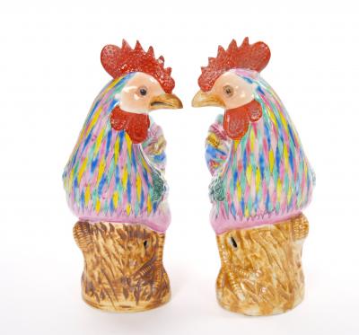 Pair of Antique Chinese Export Porcelain Roosters