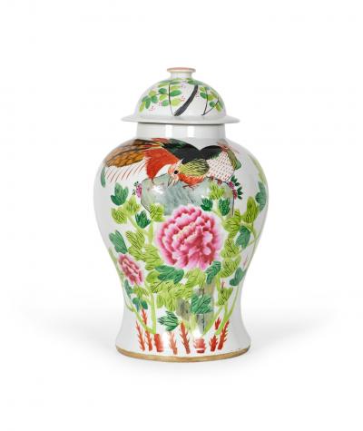 Pair of Antique Chinese Floral and Bird Patterned Porcelain Lidded Ginger Jars