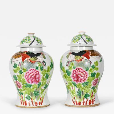 Pair of Antique Chinese Floral and Bird Patterned Porcelain Lidded Ginger Jars