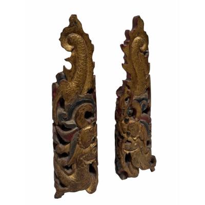 Pair of Antique Chinese Giltwood Architectural Temple Fragments