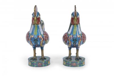 Pair of Antique Chinese Multi Colored Cloisonne Rooster Sculptures