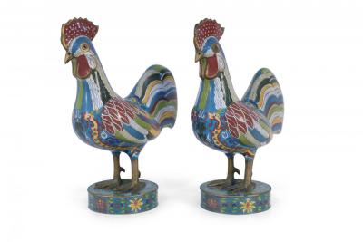 Pair of Antique Chinese Multi Colored Cloisonne Rooster Sculptures