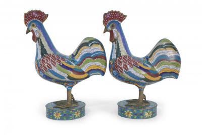 Pair of Antique Chinese Multi Colored Cloisonne Rooster Sculptures