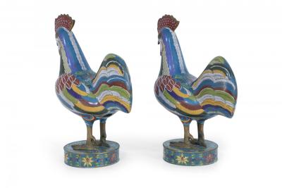 Pair of Antique Chinese Multi Colored Cloisonne Rooster Sculptures