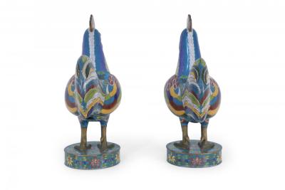 Pair of Antique Chinese Multi Colored Cloisonne Rooster Sculptures