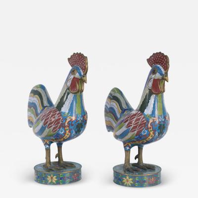 Pair of Antique Chinese Multi Colored Cloisonne Rooster Sculptures
