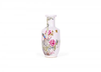 Pair of Antique Chinese Peacock and Floral Patterned Porcelain Rouleau Vases