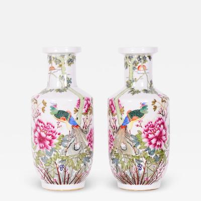 Pair of Antique Chinese Peacock and Floral Patterned Porcelain Rouleau Vases