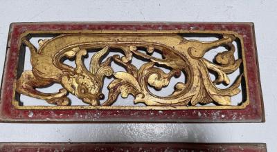 Pair of Antique Chinese Red and Gold Giltwood Temple Carvings W Dragons