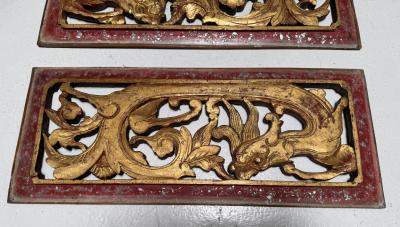 Pair of Antique Chinese Red and Gold Giltwood Temple Carvings W Dragons
