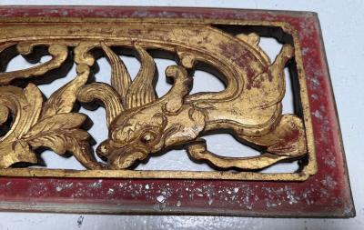 Pair of Antique Chinese Red and Gold Giltwood Temple Carvings W Dragons
