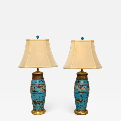 Pair of Antique Chinese Table Lamps with Hand Painted Design of Animals
