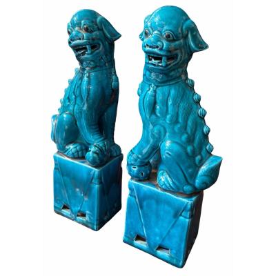 Pair of Antique Chinese Turquoise Pottery Foo Dogs Sculpture