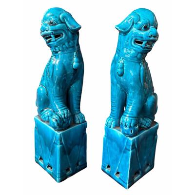 Pair of Antique Chinese Turquoise Pottery Foo Dogs Sculpture