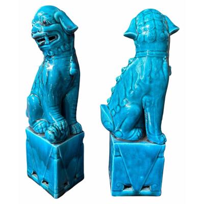 Pair of Antique Chinese Turquoise Pottery Foo Dogs Sculpture