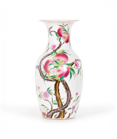 Pair of Antique Chinese Urn Shaped Flowering Fruit Tree Design Porcelain Vases