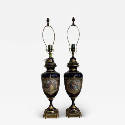 Pair of Antique Cobalt Blue German Porcelain Scenic Table Lamps